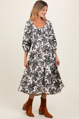 Cream Floral Smocked 3/4 Sleeve Tiered Maternity Midi Dress