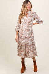 Brown Printed Split Ruffle Collar Maternity Midi Dress