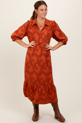 Dark Orange Floral Applique Collared Midi Dress