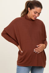 Brown Brushed Knit Turtleneck Dolman Sleeve Maternity Top