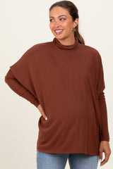 Brown Brushed Knit Turtleneck Dolman Sleeve Maternity Top