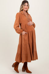 Camel Cotton Gauze Long Sleeve Tiered Maternity Midi Dress