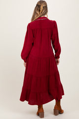 Burgundy Cotton Gauze Long Sleeve Tiered Maternity Midi Dress