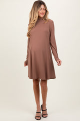 Mocha Ribbed Mock Neck Long Sleeve Basic Maternity Dress