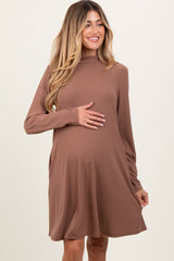 Mocha Ribbed Mock Neck Long Sleeve Basic Maternity Dress