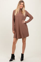 Mocha Ribbed Mock Neck Long Sleeve Basic Dress