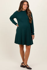 Forest Green Ribbed Mock Neck Long Sleeve Basic Maternity Dress