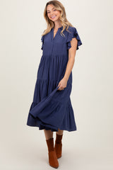 Navy Blue Ruffle Sleeve V-Neck Tiered Midi Dress