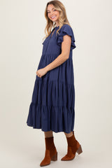 Navy Blue Ruffle Sleeve V-Neck Tiered Midi Dress