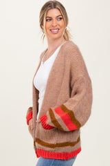 Camel Chunky Knit Stripe Detail Sweater Cardigan