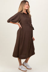 Brown Sash Tie Maternity Midi Shirt Dress