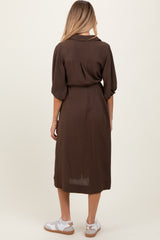 Brown Sash Tie Maternity Midi Shirt Dress