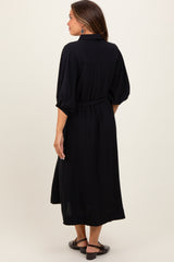 Black Sash Tie Maternity Midi Shirt Dress