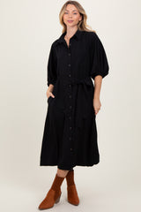 Black Sash Tie Maternity Midi Shirt Dress