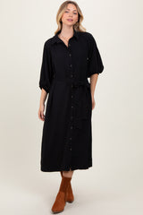 Black Sash Tie Midi Shirt Dress