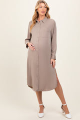 Light Taupe Long Sleeve Maternity Midi Shirt Dress