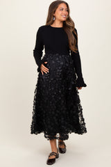 Black Floral Applique Contrast Skirt Maternity Midi Dress