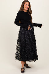 Black Floral Applique Contrast Skirt Maternity Midi Dress