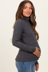 Charcoal Ribbed Knit Ruffle Edge Turtleneck Maternity Top