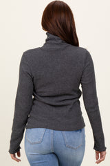 Charcoal Ribbed Knit Ruffle Edge Turtleneck Top