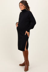 Black Turtleneck Side Slit Maternity Midi Sweater Dress