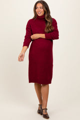 Burgundy Turtleneck Side Slit Maternity Midi Sweater Dress