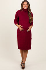 Burgundy Turtleneck Side Slit Maternity Midi Sweater Dress