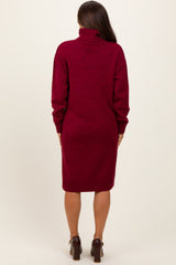 Burgundy Turtleneck Side Slit Maternity Midi Sweater Dress