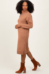 Camel Turtleneck Side Slit Midi Sweater Dress