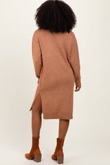 Camel Turtleneck Side Slit Midi Sweater Dress