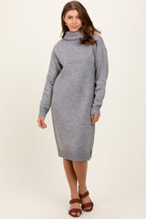 Heather Grey Turtleneck Side Slit Maternity Midi Sweater Dress