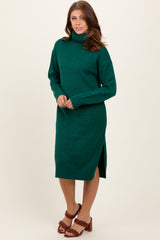 Forest Green Turtleneck Side Slit Midi Sweater Dress