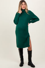 Forest Green Turtleneck Side Slit Maternity Midi Sweater Dress