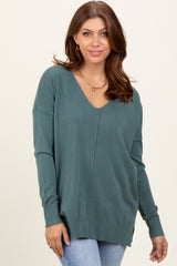 Olive Front Seam V-Neck Side Slit Maternity Sweater