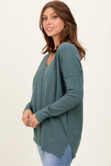 Olive Front Seam V-Neck Side Slit Sweater