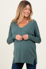 Olive Front Seam V-Neck Side Slit Maternity Sweater