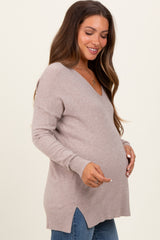 Beige Front Seam V-Neck Side Slit Maternity Sweater