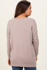 Beige Front Seam V-Neck Side Slit Maternity Sweater