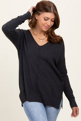 Charcoal Front Seam V-Neck Side Slit Sweater