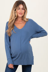 Blue Front Seam V-Neck Side Slit Maternity Sweater