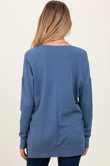 Blue Front Seam V-Neck Side Slit Maternity Sweater