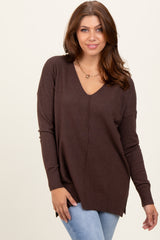 Brown Front Seam V-Neck Side Slit Sweater