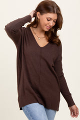 Brown Front Seam V-Neck Side Slit Sweater