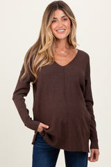 Brown Front Seam V-Neck Side Slit Maternity Sweater