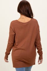 Camel Front Seam V-Neck Side Slit Sweater