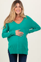 Green Front Seam V-Neck Side Slit Maternity Sweater