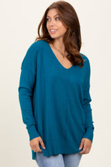 Teal Front Seam V-Neck Side Slit Maternity Sweater