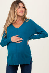 Teal Front Seam V-Neck Side Slit Maternity Sweater