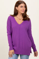 Violet Front Seam V-Neck Side Slit Maternity Sweater