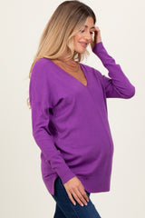 Violet Front Seam V-Neck Side Slit Maternity Sweater